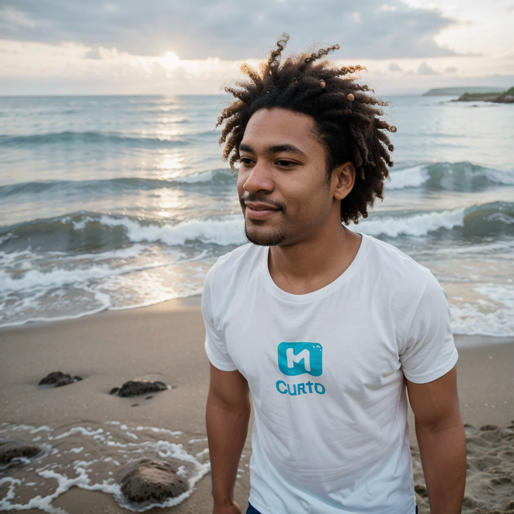 photography made with a DSLR camera d800 lens 1.8, speed 1300, realisitic, naughty man, wide nose, afro face, 30years, walking along the beach, knee-deep in sea water, White shorts, blue social shirt, baldie, offwhite, in the background a horizon with mountains and a sunset, nblurry background