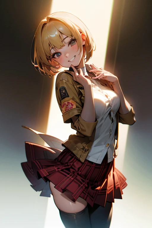 (8K, RAW Photos, Highest quality, masterpiece, Realistic, Realistic), (1 female), (The ultimate beautiful girl), Highly detailed face, (Perfect Teeth), Shining blonde、Bright red checked pleated mini skirt、明るいブロンDの髪、Beautiful Eyes, double eyelid, eyelash, ((smile)), Lip details, (Brunette Bob), The light shines on your face, Big Breasts, , (whole body)((background: kitchen))(最高masterpiece, Highest quality:1.2), (Highest quality,4K,8K,High resolution,masterpiece:1.2), Super detailed, (Realistic,photoRealistic,photo-Realistic:1.37),Innocent atmosphere、 cute, 明るいブロンDの髪、Bright red checked pleated mini skirt、Denim Jacket、Black tights、Brown boots、In good detail, D, in a a明るい環境 with Directional light, extremely In good detail, Dark Environment, Directional light, Dreamy atmosphere, Vibrant colors, Soft Shadows, Seems kind, Magical atmosphere, Expertly crafted details, Complex Texture, Meticulous shading, キラキラしたエメラルDの澄んだ美しいな目, 愛らしいsmile, It's vibrant and alive., Pixar animation quality, Captivating Charm, A captivating presence, Imaginative styling,, Dreamy settings, Atmospheric lighting, pay attention to facial features, emotional expression, Colorful palette, 複雑なbackgroundの詳細, Carefully sculpted shape, Fun and engaging 、最高masterpiece、