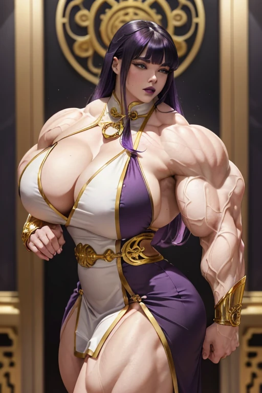 ((Massive, beautiful, buff, pale white skinned, muscular woman with violet purple hair, black lipstick, ginormous bulky muscles and wearing an all gold beautiful long cheongsam dress)), (close view), massive muscles, massive biceps, hyper muscle triceps, (long hair with long bangs), black eyes, (gold gauntlets), thigh high socks, high heels boots, (in a golden palace), surrounded by gold walls, night, closed smile, hyper muscles arms, hyper muscle legs, massive arms,