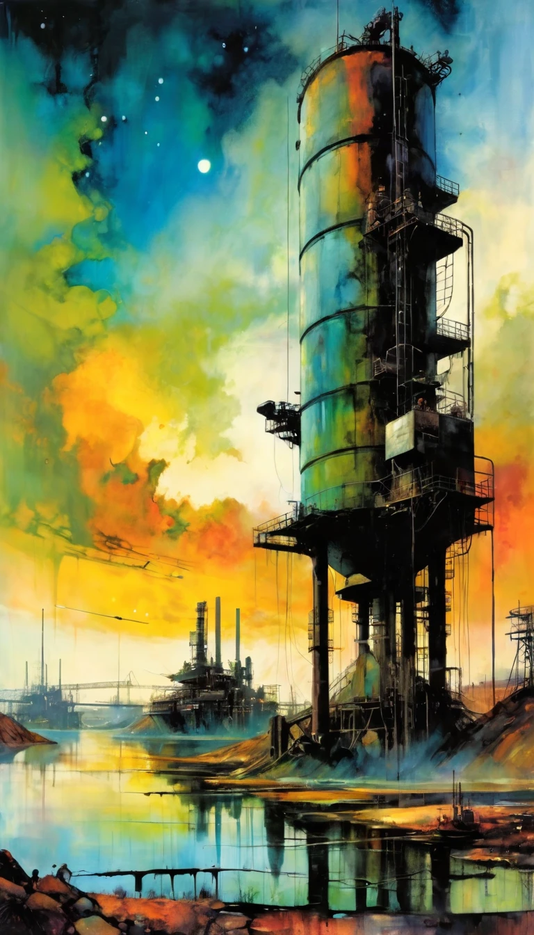 futuristic world, polluted world, robotic world, polluted water, polluted sky colors, industry, pollution, large landscape,,(art inspired by Bill Sienkiewicz ). oil painting)