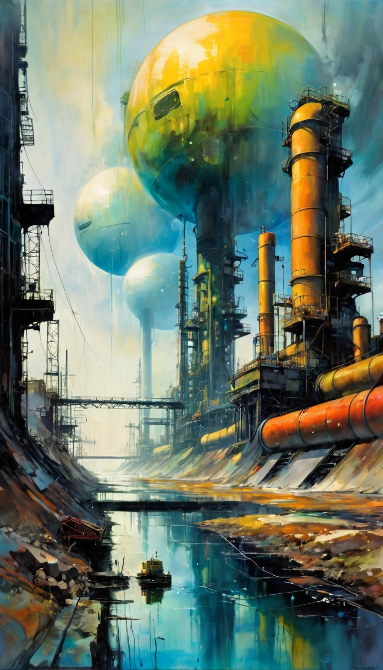 futuristic world, polluted world, robotic world, polluted water, polluted sky colors, industry, pollution, large landscape,,(art inspired by Bill Sienkiewicz ). oil painting)