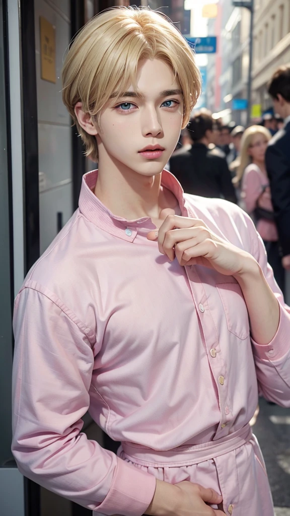Young man, V of BTS, short and blonde hair, blue eyes, soft face, big lips, pink clothes, male body