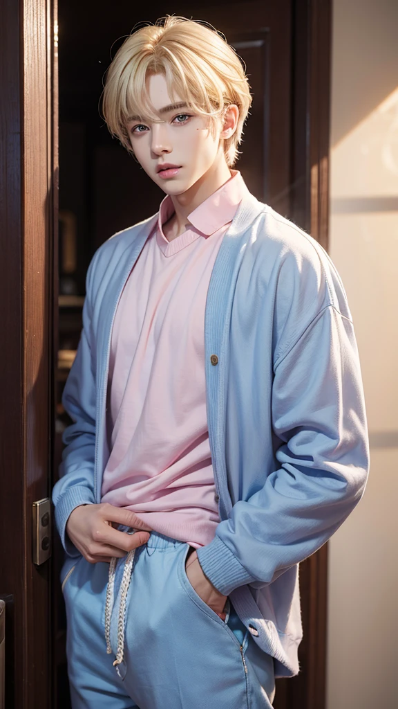 Young man, V of BTS, short and blonde hair, blue eyes, soft face, big lips, pink clothes, male body
