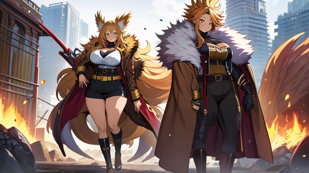 Anime, 1 girl, dijon-colored hair, huge fluffy hairstyle, lemon colored eyes, busty, gorgeous plump body, burnt-umber colored coat, fluffy coat, tight red bustier, Hunter belt, fluffy mini shorts, plump tighs, fluffy boots, large tail, Holding a gigantic sword, background filled of dead dragons