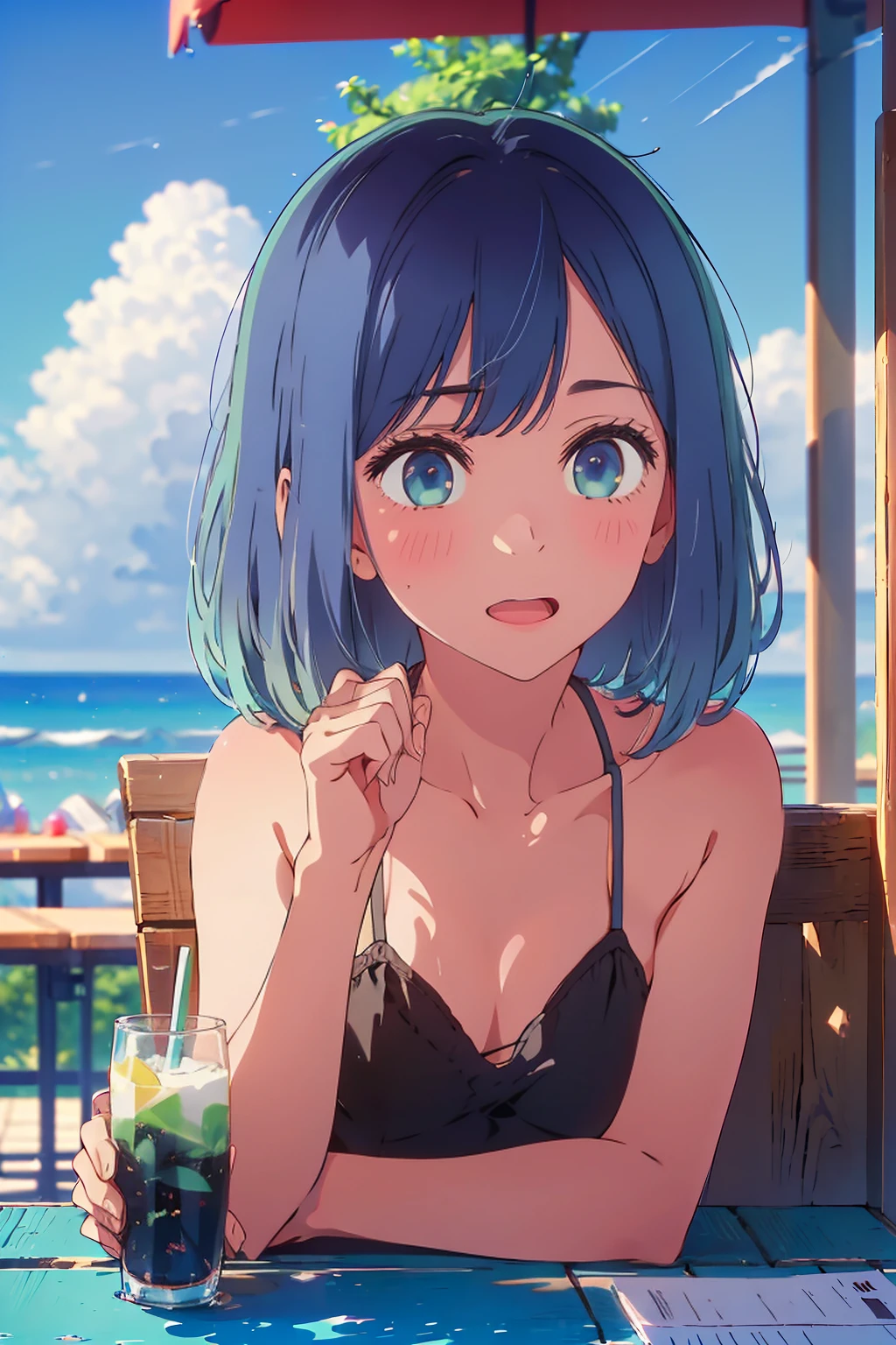 (Highest quality:1.4、masterpiece:1.4、Super detailed:1.4、8K:1.4)、F cup bust、Big Breasts、Slim body、((((1 person、Surprised expression、sit、looking at the camera、Outdoor café terrace、juice、table、Very cute face))))、(Cheek resting on hand:1.4)、((nude、Areola、bikini size too small))、Very blue sky、A completely cloudless sky、Big eyes、((((Shallow depth of field))))