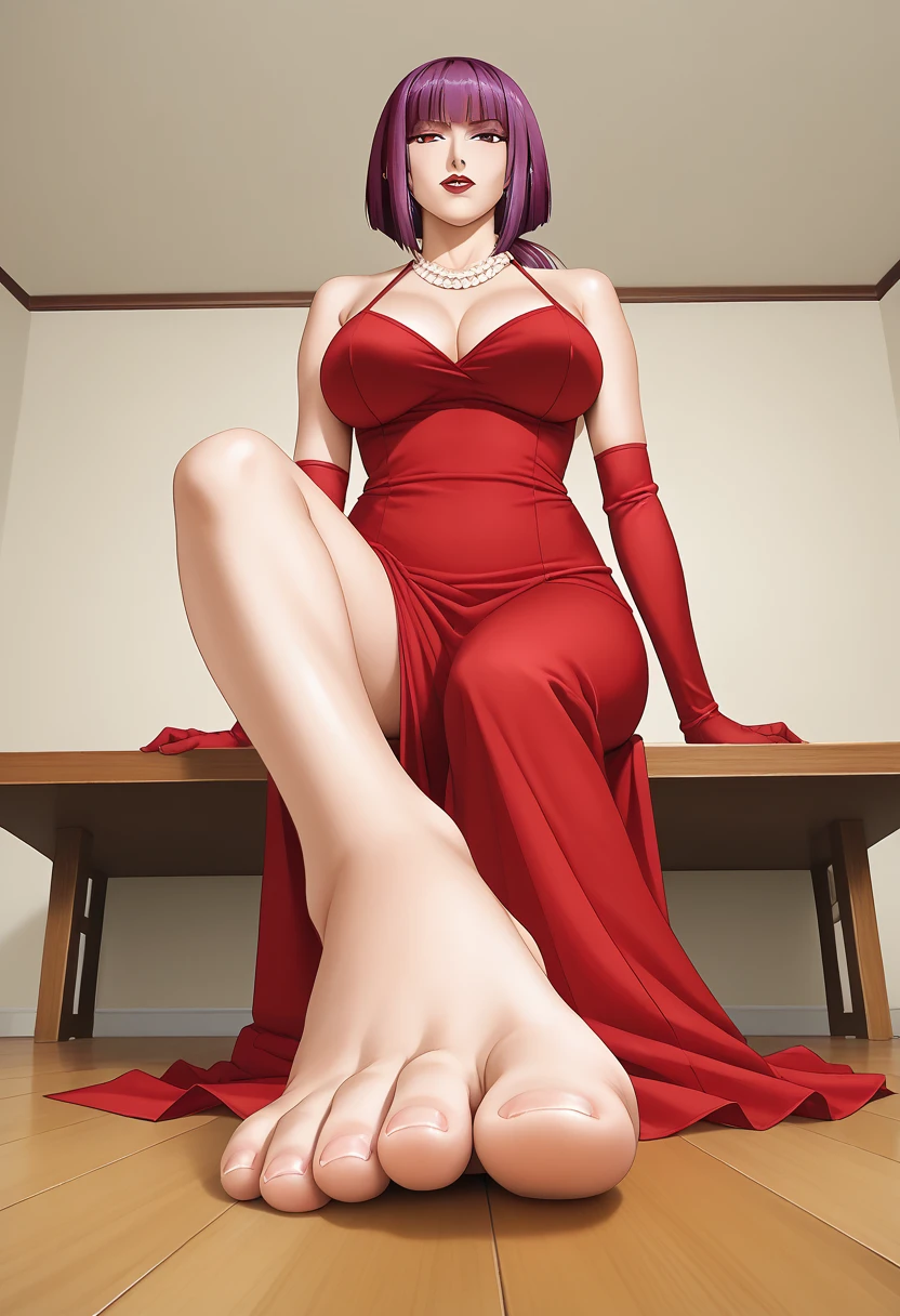  score_9,score_8_up,score_7_up, source_anime, BREAK 1girl, Oboro, sitting on the floor and showing her feet, (pov from below:1.3), micro POV, stepping on viewer, foot focus, barefoot, both detailed feet, five toes, smooth natural toenails, mature female BREAK  best quality, official art, anime keyvisual, anime screencap, mature woman, BREAKpurple hair, short hair, blunt bangs, eyeshadow, low ponytail, lipstick, makeup, detailed face, red eyes, red long dress,bare shoulders, red elbow gloves,large breasts, thighs,necklace