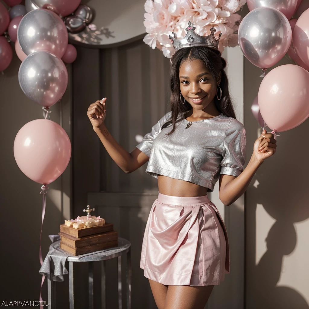 (Best Quality), (Masterpiece), (detailed), Beautiful black woman, 17 years, happy, celebrating, pink balloons, and silver, small thin crown on the head, pink skirt and short pink blouse, small breasts, big legs, with accessories in hand made of silver material, 4k, smiling stare at the camera. champagne,