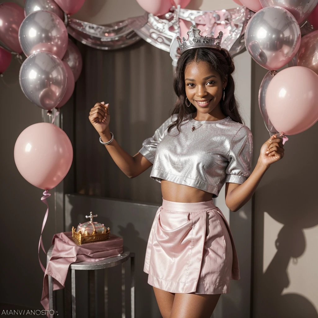 (Best Quality), (Masterpiece), (detailed), Beautiful black woman, 17 years, happy, celebrating, pink balloons, and silver, small thin crown on the head, pink skirt and short pink blouse, small breasts, big legs, with accessories in hand made of silver material, 4k, smiling stare at the camera. champagne, 