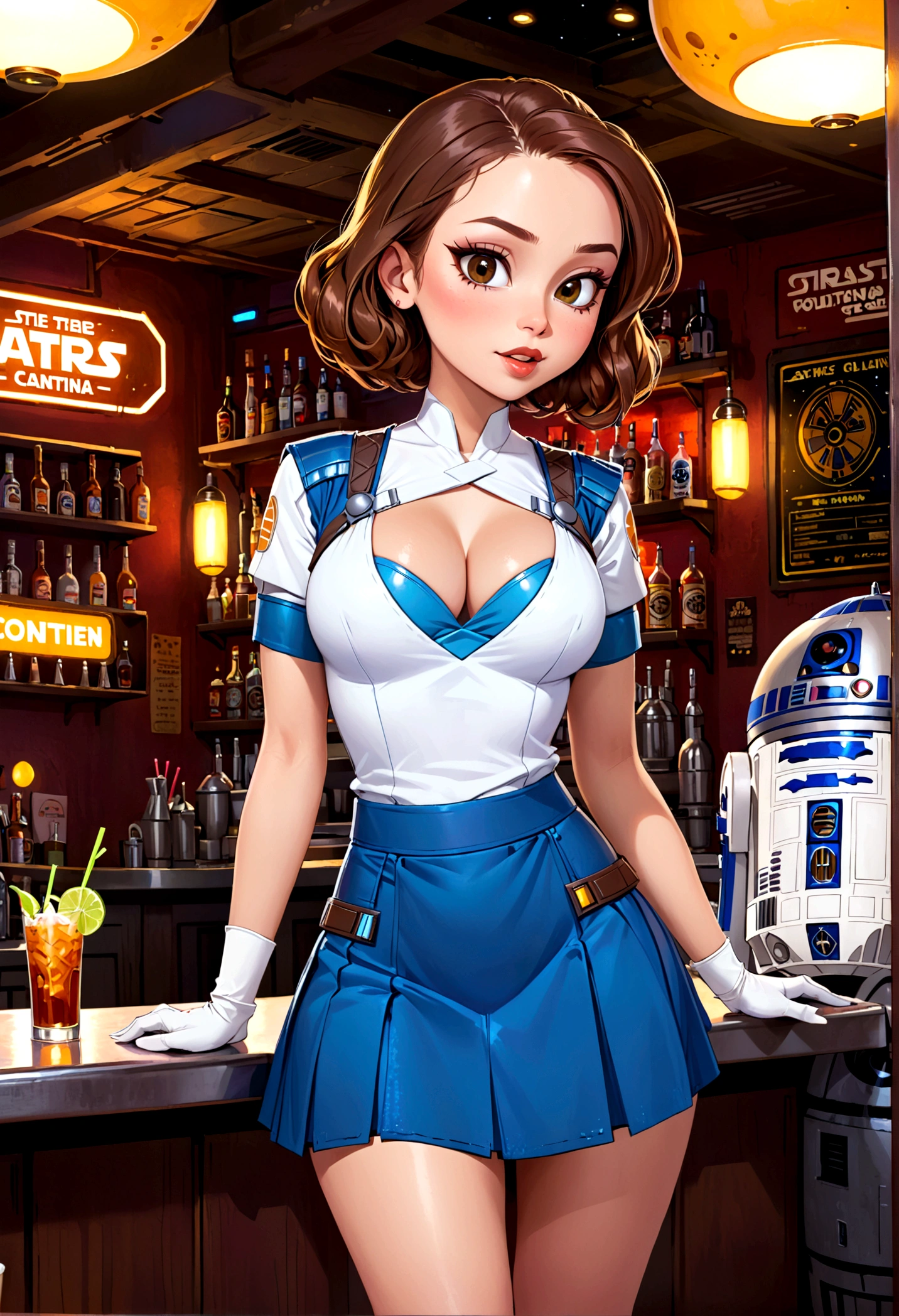 A cute woman in a sci fi waitress outfit (deep neckline, mini skirt, safe for work) is working at a Star Wars cantina serving drinks to wild and rowdy aliens.