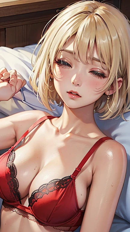 ((Browsing Caution:1.4, masterpiece, Highest quality, High resolution, 超High resolution, Pixel perfect, Written boundary depth, 4K, RTTX10.0, High resolution))), One Girl, single, alone, she, Beautiful Anime Girls, Beautiful art style, Anime characters, (((((short hair、Blonde、lure))))), ((Beautiful eyelashes)), ((Detailed face, Blushing:1.2)), ((Smooth texture:0.75, Realistic texture:0.5, Anime CG Style)), ((Beautiful and large breasts, Cleavage)), indoor, Bedroom, Dynamic Angle, Big Breasts, Perfect body, Underarm, ((Sleeping in bed, (Sleep on your back:1.5), sleepy, close your eyes, Lying in bed, Sleeping posture, Wake up)), ((close, throw, cute, Shoot the body, Sighing expression)), ((red bra color, Red Lingerie)), (Natural light, Reflection of light, Morning Scenery), Embarrassed expression, (Expression of sexual pleasure:1.4), (Expression of unbearable pain:1.2), The expression of someone who is holding back from going to the toilet, twist, Raise your hand