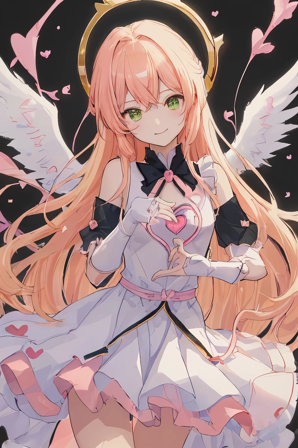 1_girl, (anime, kawai:2), (masterpeice, best_quality, simple, cute, dreamy, vibrant, clean:1.5), (cute, cute_smile, young:1.8), (delicate, beautiful, thin:1.5), (girlfriend, angel:1.6), (green_eyes, simple_eyes:1.5) (long_hair, blond_hair, wearing_pink_dress, pink_angel_wings, sexy_gloves:1.5), extremely_delicate, (love_magic:1.5), (age_size_fits_body), (small_thighs:1.3), (breasts), (eye_level:1.3), (heart_magic, love:1.5),