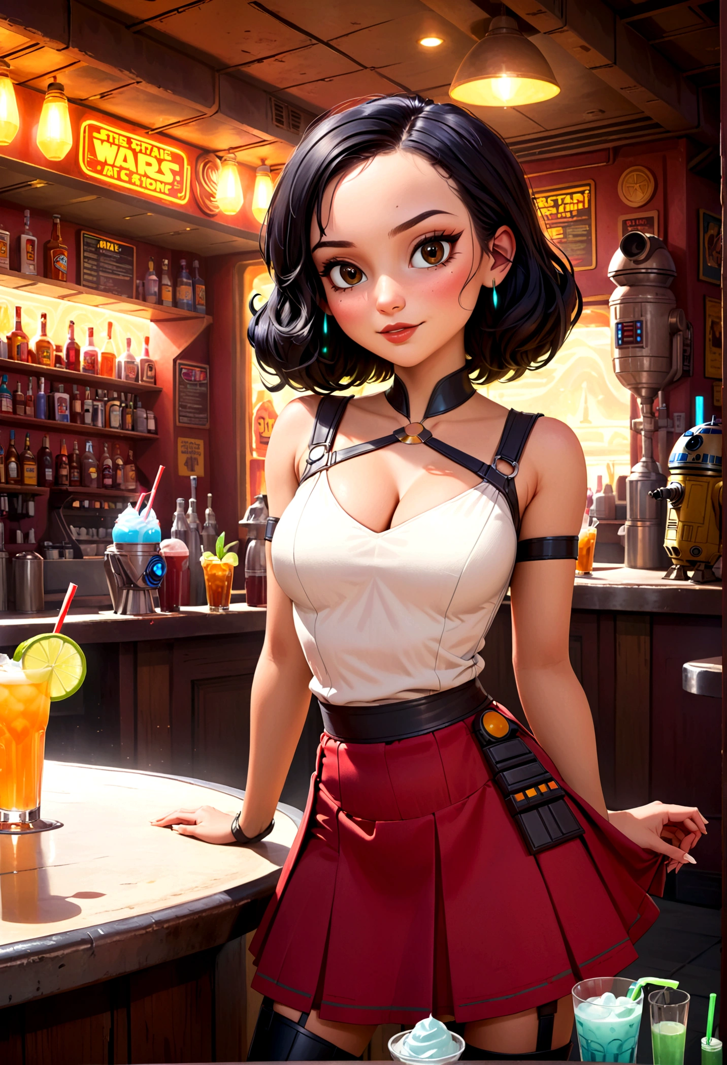 A cute woman in a sci-fi waitress outfit, deep neckline, mini skirt, serving drinks at a Star Wars cantina, wild and rowdy aliens, highly detailed, cinematic lighting, vibrant colors, photorealistic, 8K, masterpiece