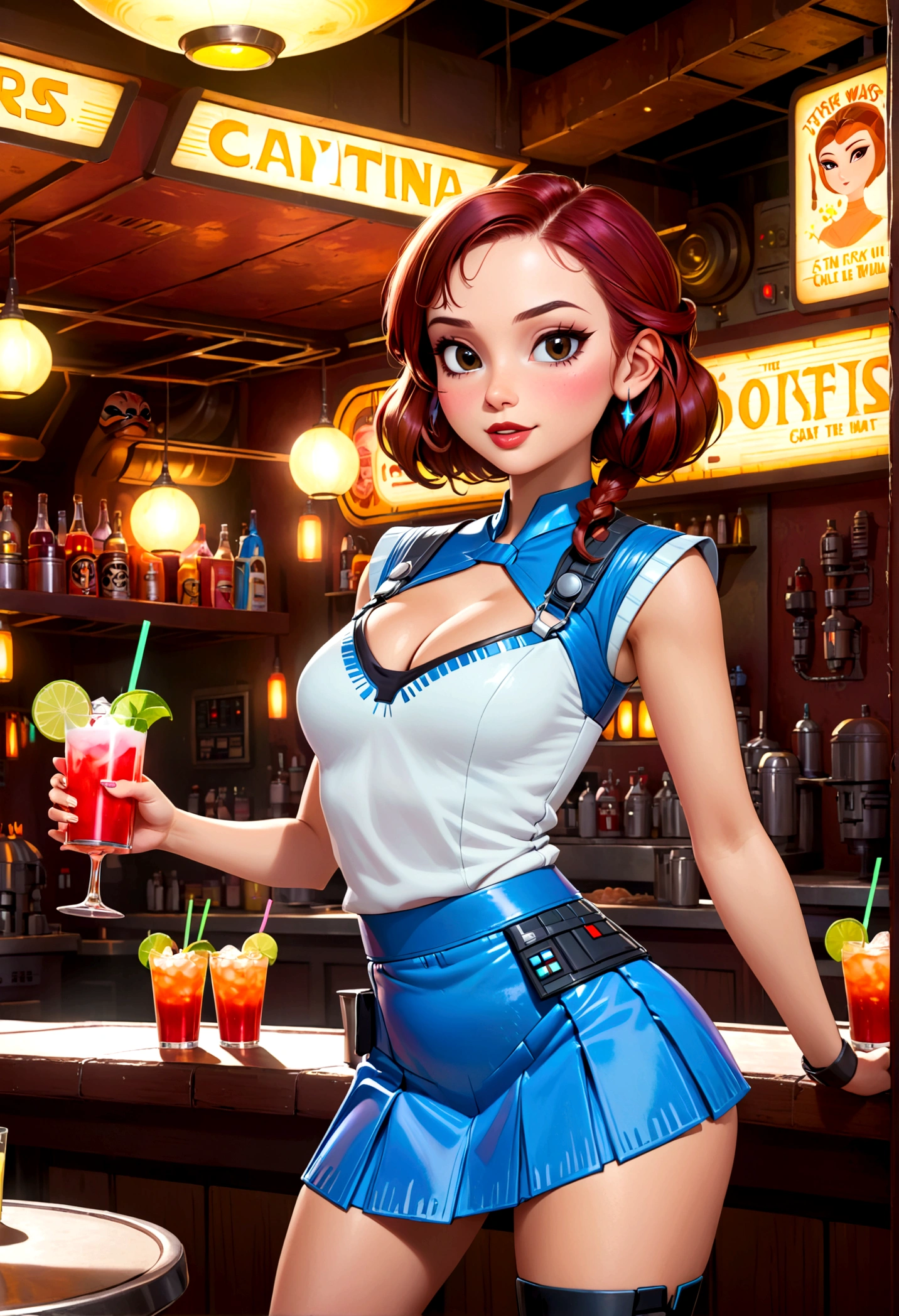 A cute woman in a sci fi waitress outfit (deep neckline, mini skirt, safe for work) is working at a Star Wars cantina serving drinks to wild and rowdy aliens.