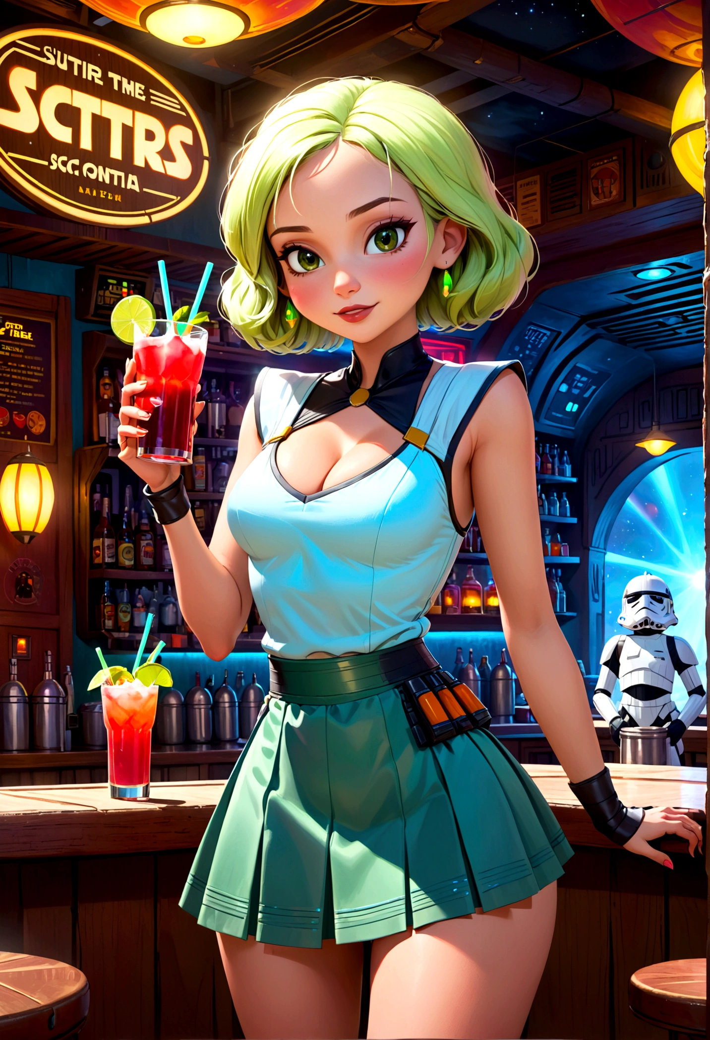 A cute woman in a sci-fi waitress outfit, deep neckline, mini skirt, serving drinks at a Star Wars cantina, wild and rowdy aliens, highly detailed, cinematic lighting, vibrant colors, photorealistic, 8K, masterpiece