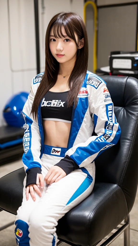 girl 18-year-old Hairstyle Casual, wearing racing suit in pit room sit on chair