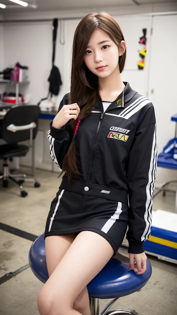 girl 18-year-old Hairstyle Casual, wearing racing suit in pit room sit on chair