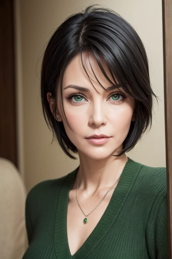 I want a 51 year old woman with short black hair and green eyes
