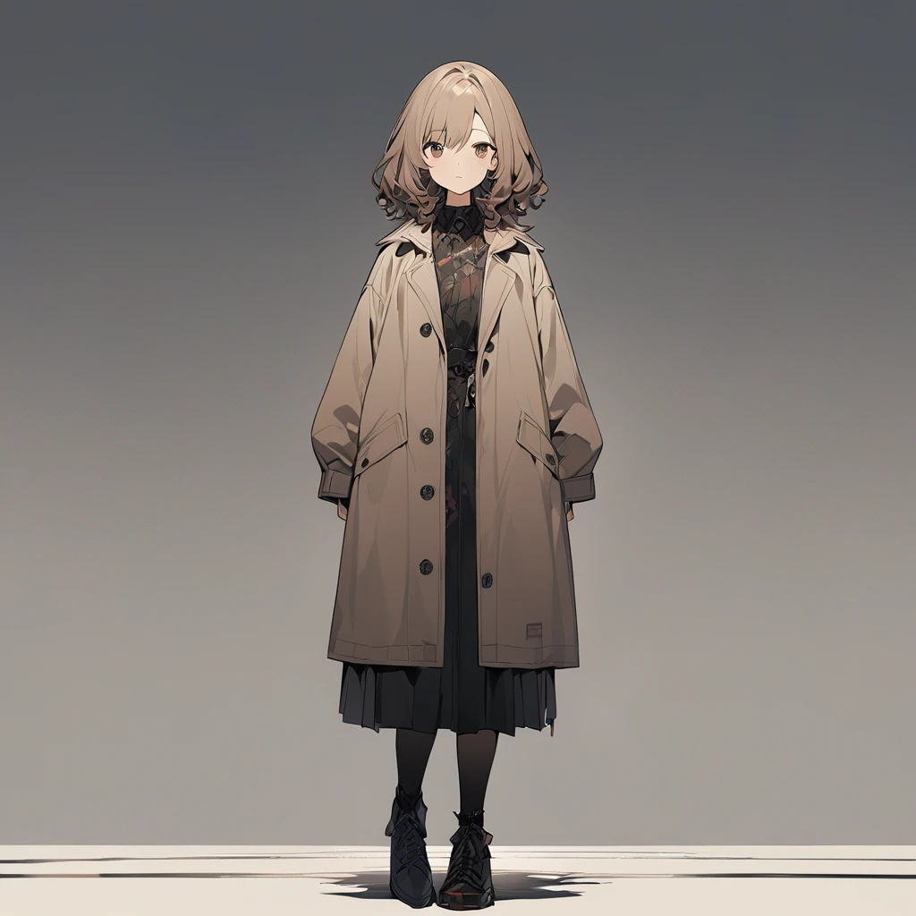 A girl with brown, wavy bob hair wearing a dark beige coat。Alone Night、whole body