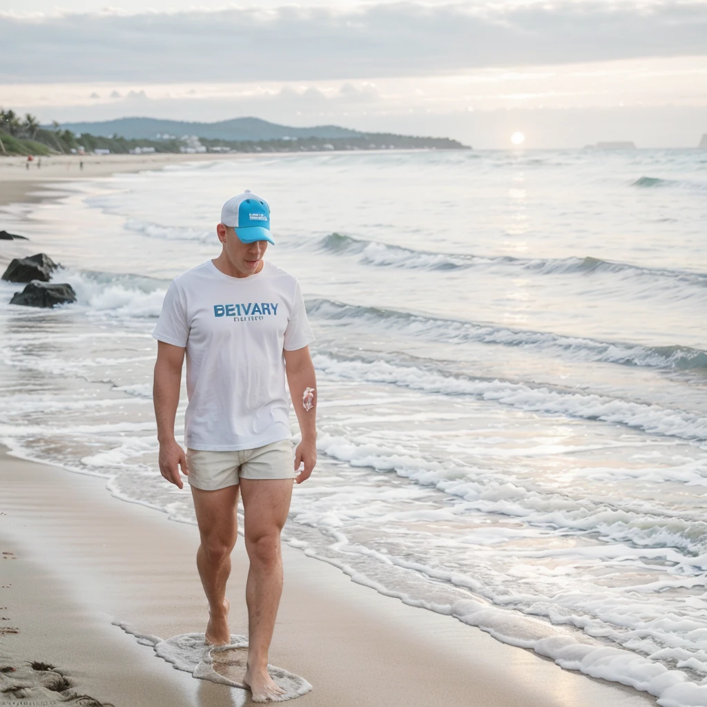 photography made with a DSLR camera d800 lens 1.8, speed 1300, realisitic, naughty man, wide nose, 30years, walking along the beach, knee-deep in sea water, White shorts, blue social shirt, baldie, offwhite, in the background a horizon with mountains and a sunset, nblurry background