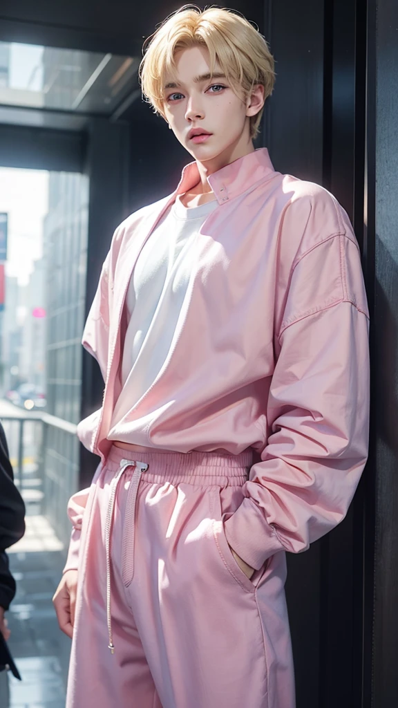 Young Japanese man, blond hair, handsome, big muscles, broad shoulders, perfect figure, dark skin, colorful star-shaped hair clips, wearing a bunny outfit. Sexy pink, fishnet stockings, ta style, sexy, Harajuku, late night Japanese city streets, lively