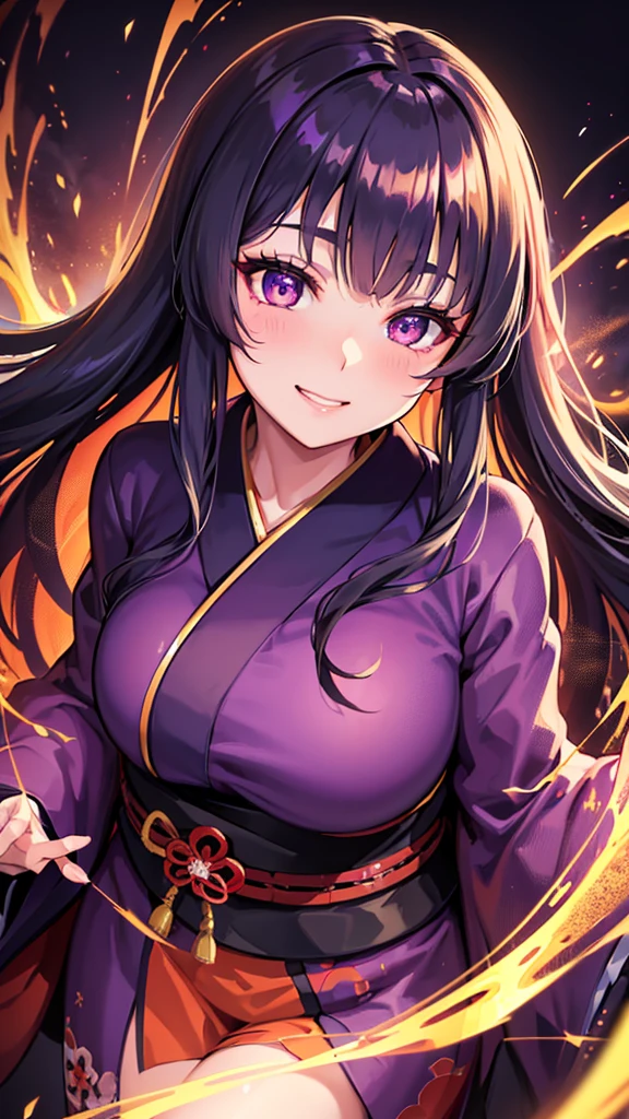 A beautiful girl in a japanese kimono, dark long hair, amethyst sparkling eyes, smiling, behind her a vast army of diverse yokai spirits, powerful commanding presence, shrouded in smoke, bokeh effect, masterpiece, best quality, 8k, ultra-detailed, highly realistic, professional photography, vivid colors, cinematic lighting