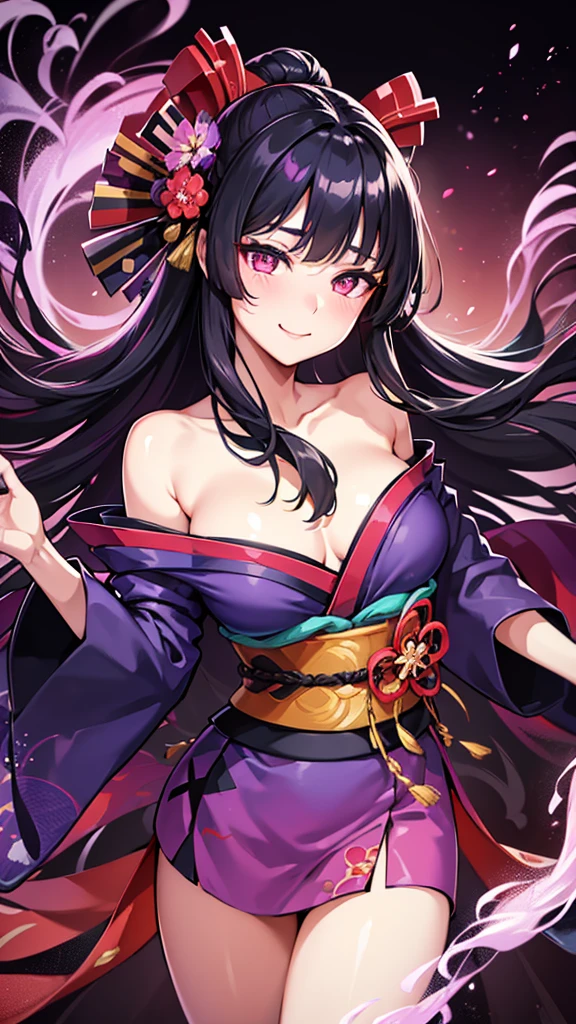 A beautiful girl in a japanese kimono, dark long hair, amethyst sparkling eyes, smiling, behind her a vast army of diverse yokai spirits, powerful commanding presence, shrouded in smoke, bokeh effect, masterpiece, best quality, 8k, ultra-detailed, highly realistic, professional photography, vivid colors, cinematic lighting
