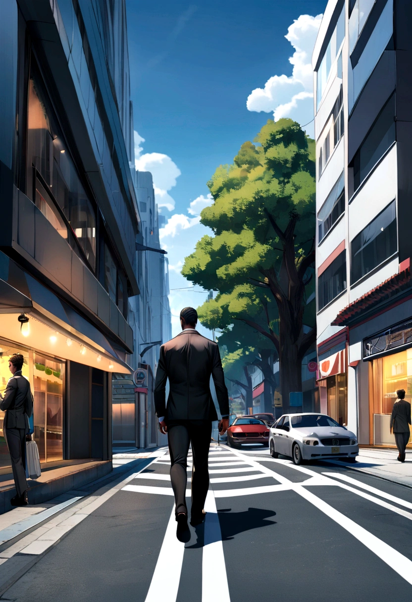 a businessman walking on the road in the city , cabelo curto preto , corpo todo , magrelo
