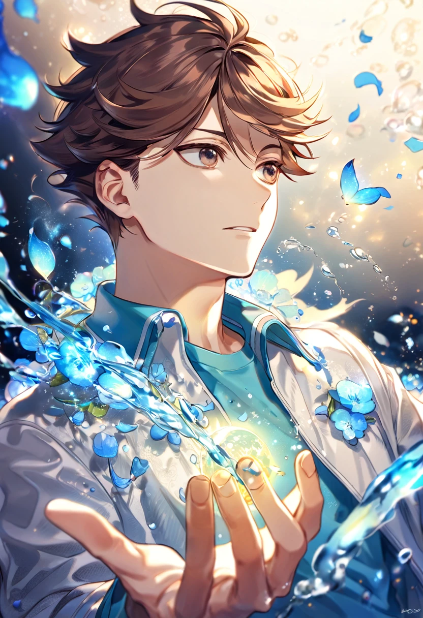 Ultra detailed, highres, absurdres, HDR, master piece, Oikawa Tooru, brown hair, expressive brown eyes, light blue shirt, white jacket, Haikyuu, blue petals, man, solo, best quality, blue blossoms, blue shining fireflies, fantasy, magical, handsome, blue moon, blue flowers, magic, water