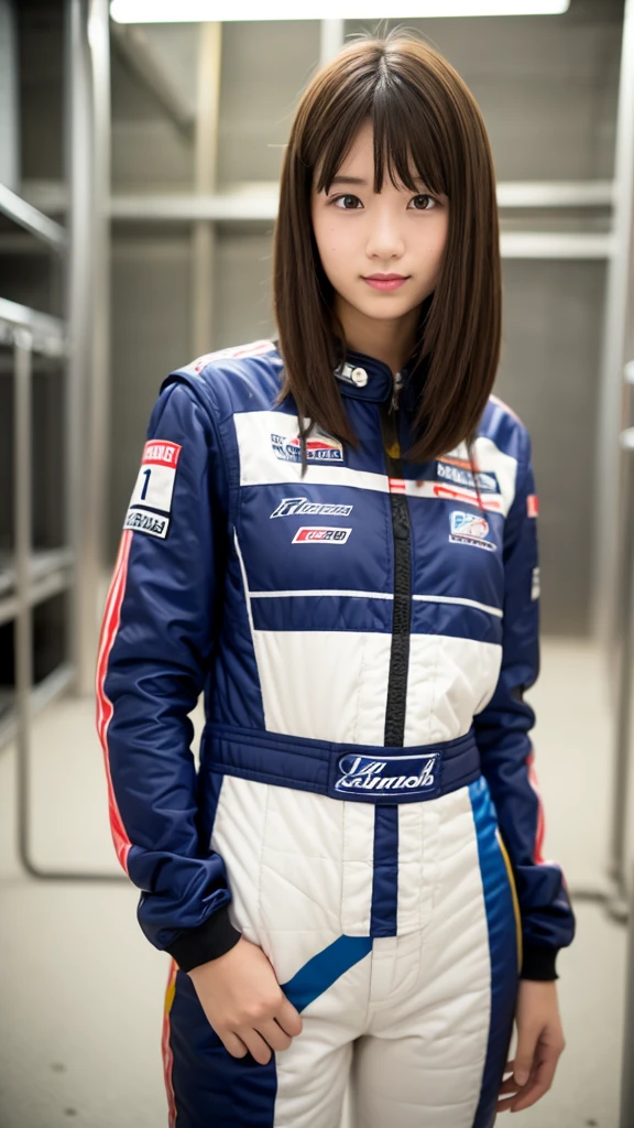 girl 18-year-old Hairstyle Casual,  wearing racing suit in pit room 