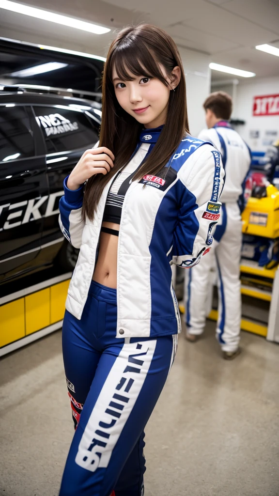 girl 18-year-old Hairstyle Casual,  wearing racing suit in pit room 