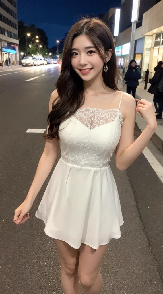 (((Yumikanok))),((Best quality, 8k, Masterpiece :1.3)), 1girl, smiling, full body, slim face, Pretty woman, (Dark brown hair), full white length dress :1.1, Ultra-detailed face, Detailed eyes, Double eyelid, blur background, slim face, night city, outside, street,