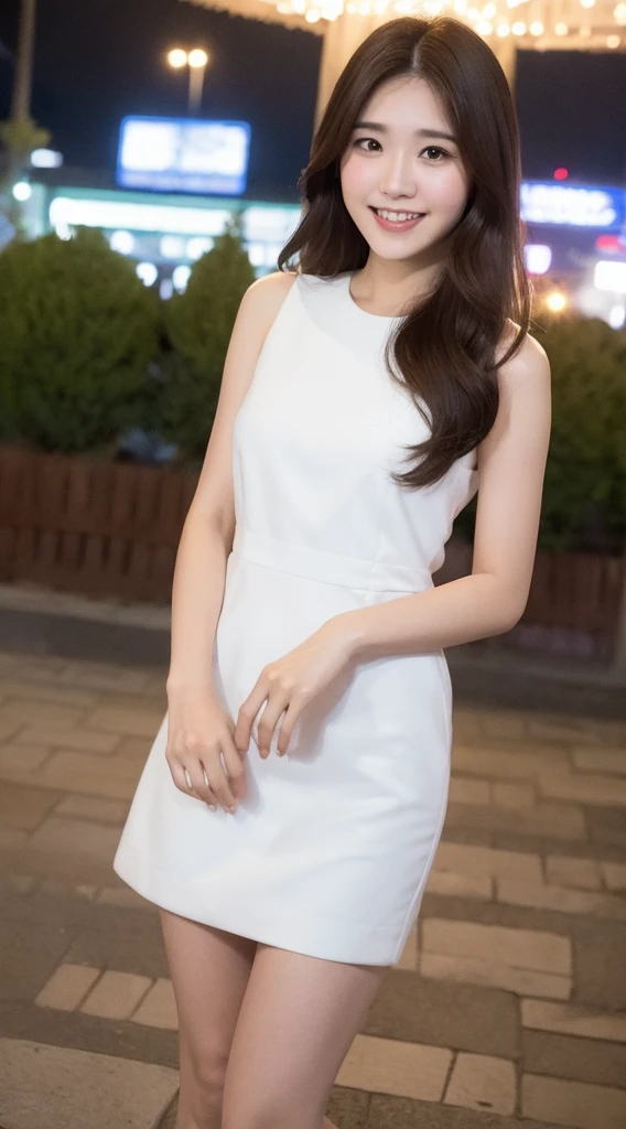 (((Yumikanok))),((Best quality, 8k, Masterpiece :1.3)), 1girl, smiling, full body, slim face, Pretty woman, (Dark brown hair), full white length dress :1.1, Ultra-detailed face, Detailed eyes, Double eyelid,  blur background, slim face, night city, outside, street,