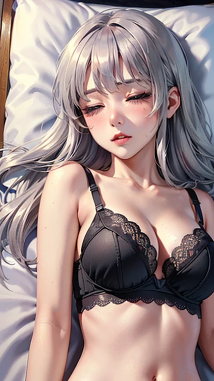 ((Browsing Caution:1.4, masterpiece, Highest quality, High resolution, 超High resolution, Pixel perfect, Written boundary depth, 4K, RTTX10.0, High resolution))), One Girl, single, alone, she, Beautiful Anime Girls, Beautiful art style, Anime characters, (((((Mid-length hair、Silver Hair、lure))))), ((Beautiful eyelashes)), ((Detailed face, Blushing:1.2)), ((Smooth texture:0.75, Realistic texture:0.5, Anime CG Style)), ((Beautiful and large breasts, Cleavage)), indoor, Bedroom, Dynamic Angle, Big Breasts, Perfect body, Underarm, ((Sleeping in bed, (Sleep on your back:1.5), sleepy, close your eyes, Lying in bed, Sleeping posture, Wake up)), ((close, throw, cute, Shoot the body, Sighing expression)), ((black bra color, Black Lingerie)), (Natural light, Reflection of light, Morning Scenery), Embarrassed expression, (Expression of sexual pleasure:1.4), (Expression of unbearable pain:1.2), The expression of someone who is holding back from going to the toilet, twist, Raise your hand