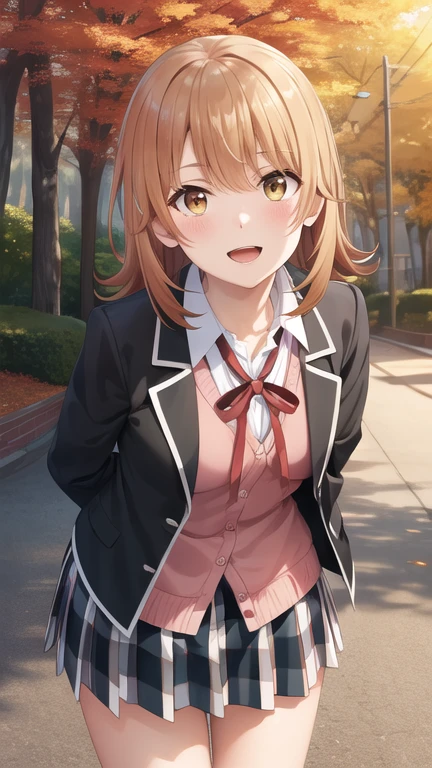 masterpiece, best quality, highres, aairoha, medium hair, , neck ribbon, collared shirt, blazer, black jacket, open jacket, long sleeves, plaid skirt, standing, cowboy shot, leaning forward, arms behind back, smile, open mouth, outdoors, autumn,