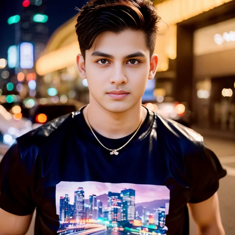 Aarav looks at the camera, perfect has a round face, A well-maintained model., handsome face,Close-up of a man wearing a black leather jacket., Southeast Asians with round faces, 3-D profile picture, 8K, 45,000,000 pixcls, realistic light colors