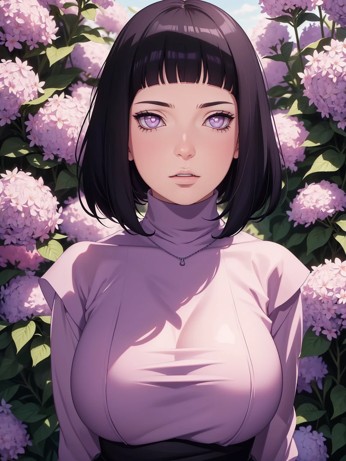 { - anatomy error} (Masterpiece - Ultra-detailed, very high resolution) (huge titusty, masterpiece, absurdres, hinata\(boruto\), 1girl, solo,mature female, lilac turtleneck blouse, black pant, looking at viewelling petals), perfect composition, detailed lips, big breast, beautiful face, body propotion, blush, (pink lips), short hair, (black hair), purple eyes, soft gaze, super realistic, detailed, photoshoot, realistic face and body, closed mouth , lilac eyes, upper body, hidden hands, perfect fingers, inocent face, dynamic poses