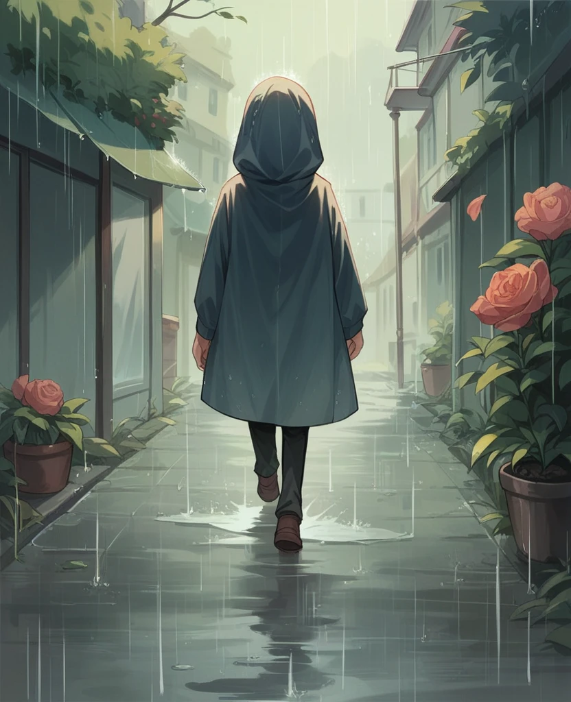 Girl in saree walking in rain under the bougainvillaea flowers