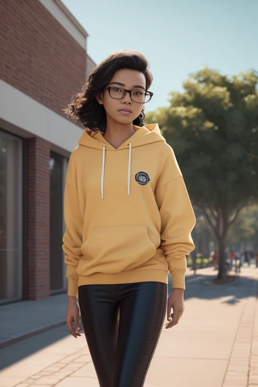 female 20 year old college student, tan-bronze skin with thin layer of freckles, long black hair with orange highlights, curly hair, amber colored eyes, (Wearing a yellow hoodie, black pencil skirt, glasses), on college campus, slim, ,, photorealistic, photo, masterpiece, realistic, realism, photorealism, high contrast, photorealistic digital art trending on Artstation 8k HD high definition detailed realistic, detailed, skin texture, hyper detailed, realistic skin texture, armature, best quality, ultra high res, (photorealistic:1.4),, high resolution, detailed, raw photo, sharp re, by lee jeffries nikon d850 film stock photograph 4 kodak portra 400 camera f1.6 lens rich colors hyper realistic lifelike texture dramatic lighting unrealengine trending on artstation cinestill 800,