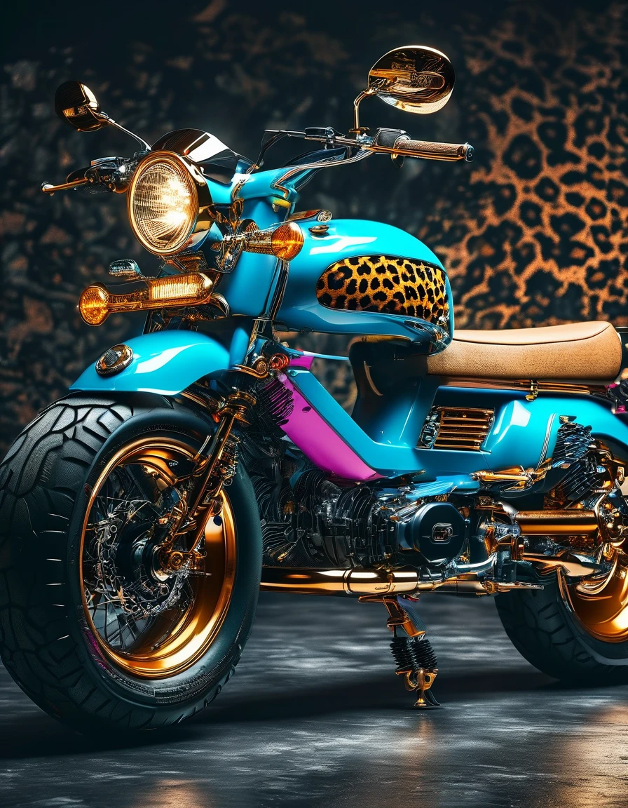 Electric motorcycle in leopard print retro colors，High-quality artworks created by master artists， best quality, details，Black mineral background