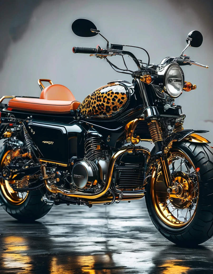 Electric motorcycle in leopard print retro colors，High-quality artworks created by master artists， best quality, details，Black mineral background