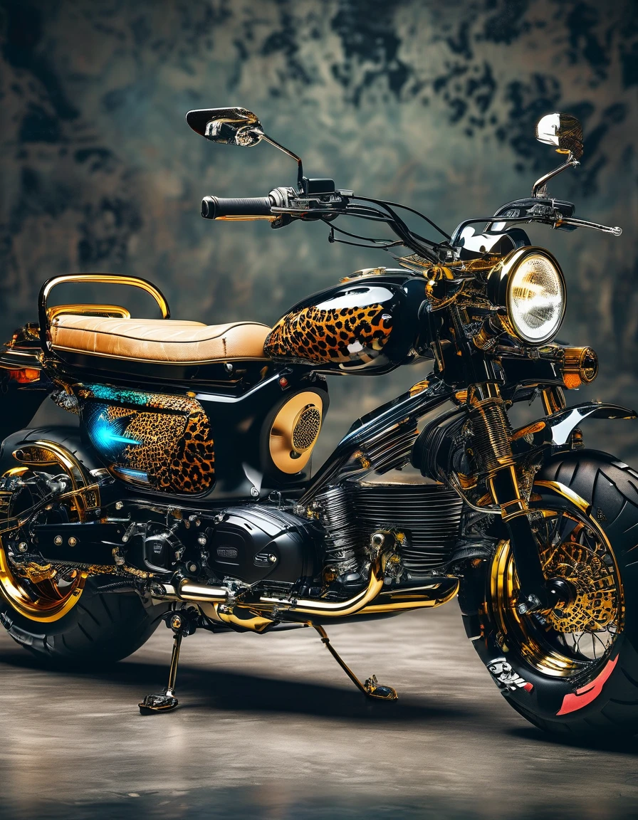 Electric motorcycle in leopard print retro colors，High-quality artworks created by master artists， best quality, details，Black mineral background