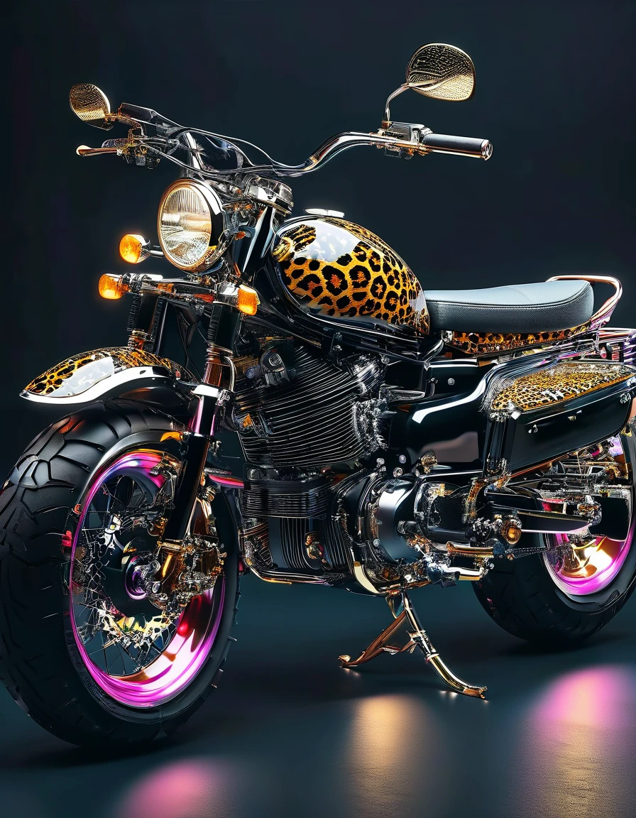 Electric motorcycle in leopard print retro colors，High-quality artworks created by master artists， best quality, details，Black mineral background