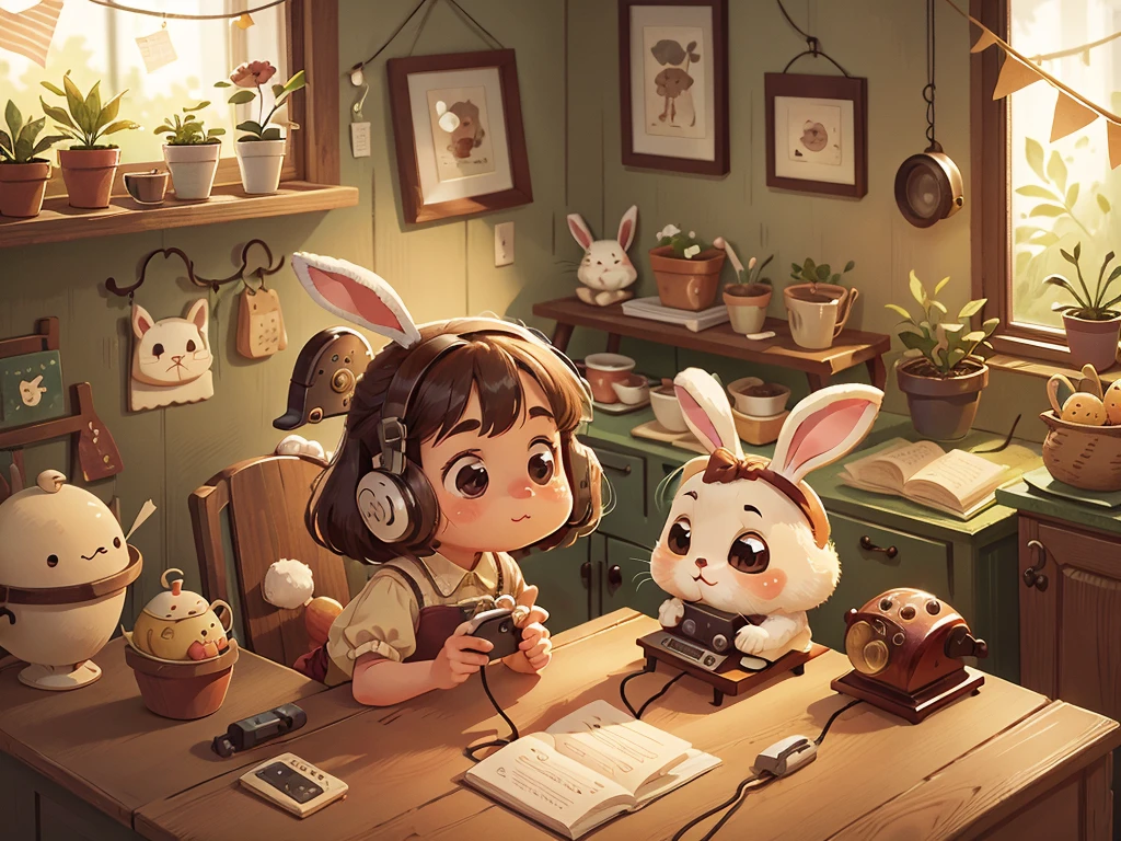 cute countertop,indoor scene,old-fashioned telephone,facial details,cute,little rabbit