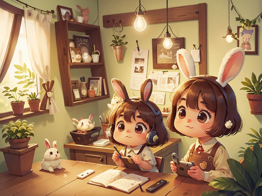 cute countertop，indoor scene，old-fashioned telephone，facial details，cute，little rabbit