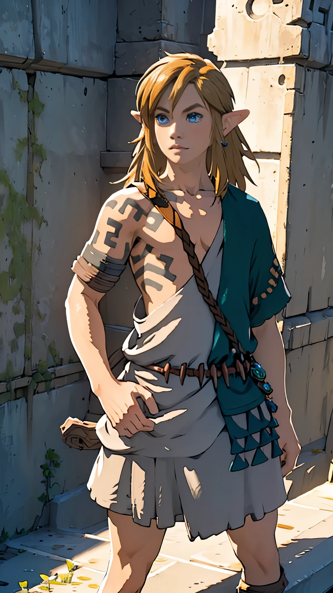 Fully equipped、Link、Subjective、looking at the camera、Hyrule Field、male、Masterpiece、Highest quality、male体型、Flowing Hair、Model standing