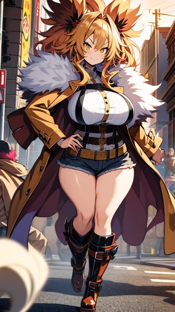 Anime, 1 girl, dijon-colored hair, huge fluffy hairstyle, lemon colored eyes, angry face, angry smile, busty, gorgeous plump body, burnt-umber colored coat, fluffy coat, tight red bustier, Hunter belt, fluffy mini shorts, plump tighs, fluffy boots, large tail, Holding a gigantic sword, background city in Flames