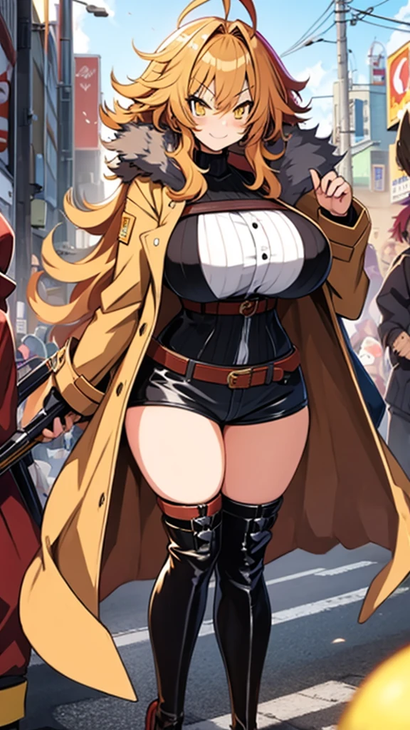 Anime, 1 girl, dijon-colored hair, huge fluffy hairstyle, lemon colored eyes, angry face, angry smile, busty, gorgeous plump body, burnt-umber colored coat, fluffy coat, tight red bustier, Hunter belt, fluffy mini shorts, plump tighs, fluffy boots, large tail, Holding a gigantic sword, background city in Flames