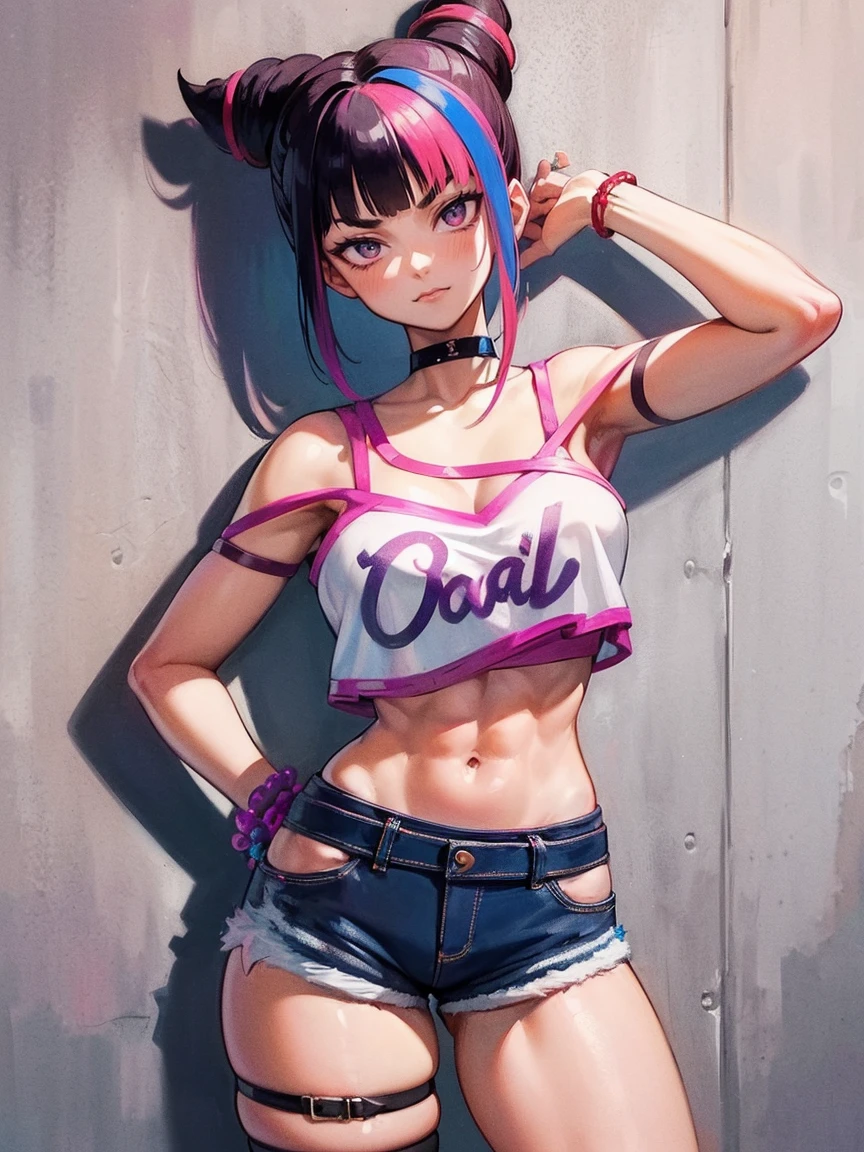 Juri Han,Masterpiece, Best Quality, 1girl, report, crop-top, jean shorts, Choker, (graffiti:1.aint splatter, (Hands Behind Your Back), Against a wall, looking a viewer, A bracelet, thigh strap, Paint on the body, tilt of head, bored, fiery hair color, Rainbow-colored eyes,juri han
