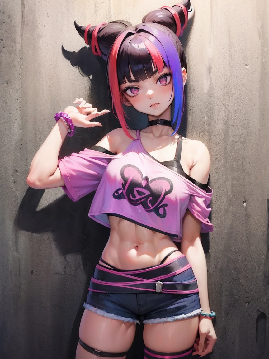 Juri Han,Masterpiece, Best Quality, 1girl, report, crop-top, jean shorts, Choker, (graffiti:1.aint splatter, (Hands Behind Your Back), Against a wall, looking a viewer, A bracelet, thigh strap, Paint on the body, tilt of head, bored, fiery hair color, Rainbow-colored eyes,juri han
