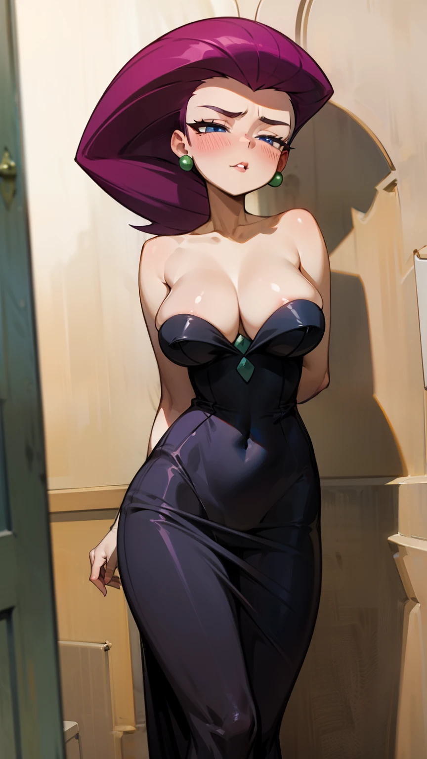 (Masterpiece), Best Quality, ultra-detailed, 1girl (jessie pokemon, Big and pretty breasts, naked body, hair slicked back, purple hair, long hair,blue eyes, half-closed eyes),a weary face, parted lips, facing viewer, looking at viewer, nose blush, blush, head tilt, mascara, full makeup, glow lipstick, solo,opera dress, ornate dress, cleavage, bows, long dress, in the cellar, dark, dark light, standing, Sexy waist teasing, from_below ,